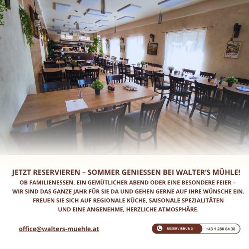 Gemütlicher Innenbereich von Walter’s Mühle mit gedeckten Tischen und einladender Atmosphäre.